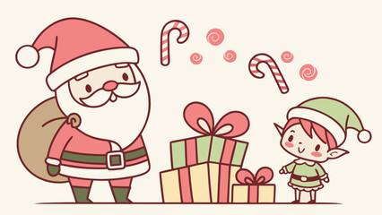 Kids Christmas poster with cute Santa and elves, candy canes, presents, colorful pastel tones, playful design