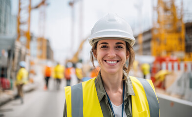 A close-up portrait of a smiling young Caucasian woman in a white safety helmet and yellow vest. The background shows a busy construction site with workers and heavy machinery.
