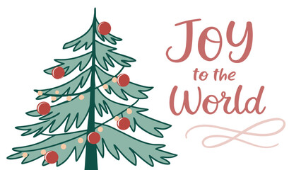 Watercolor Christmas poster with hand-painted tree, red ornaments, and festive text ‘Joy to the World’, soft pastel tone, white background