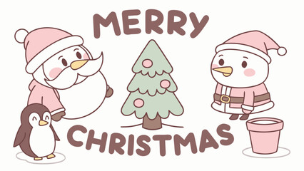 Cute cartoon Christmas poster with Santa, snowman, penguin, and Christmas tree, pastel colors, text ‘Merry Christmas’, isolated on white background