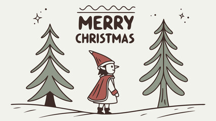 Nordic Christmas poster with simple gnome illustration, pine trees, and rustic typography, minimalist Scandinavian design