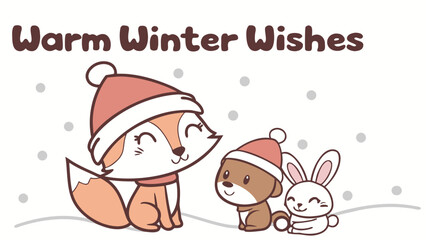 Cute animal Christmas poster with fox, bear, and rabbit wearing Santa hats, snow background, text ‘Warm Winter Wishes