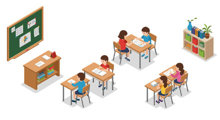 Isometric classroom scene with students and school furniture