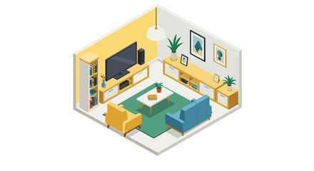 Obraz premium Modern isometric living room with cozy furniture and decor elements in yellow and green tones
