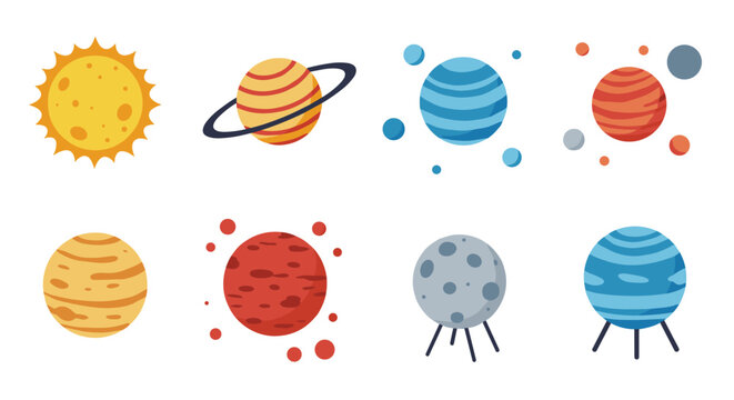 Colorful cartoon planets and sun set in flat style