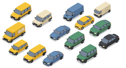 Fototapeta premium Isometric urban vehicles set with various car and van models