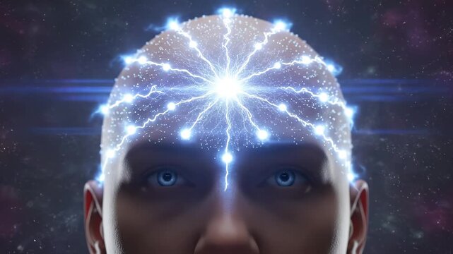 Man showing brain activity and glowing eyes, a concept of psychic abilities, mind power, and conscious awakening