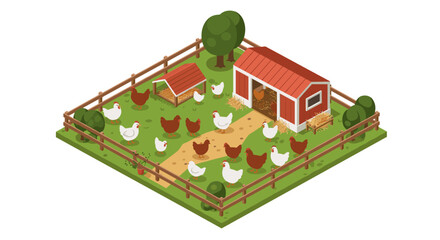 Isometric farmyard with chickens and barn in a fenced pasture setting