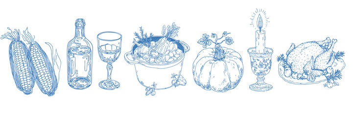 Hand drawn thanksgiving food elements in a vintage doodle illustration set for fall celebration