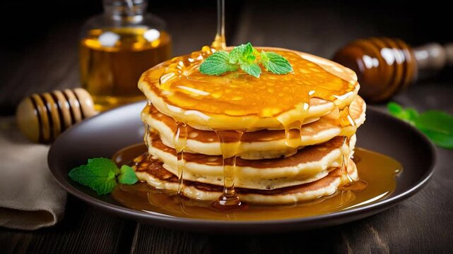 Honey pancakes on plate. Sweet tasty meal for breakfast. Generative AI
