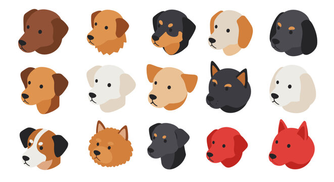 Colorful dog faces set in flat style - variety of breeds and colors