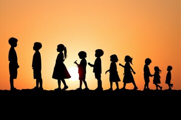 Progression of Childhood: Silhouettes of Growing Children at Sunset