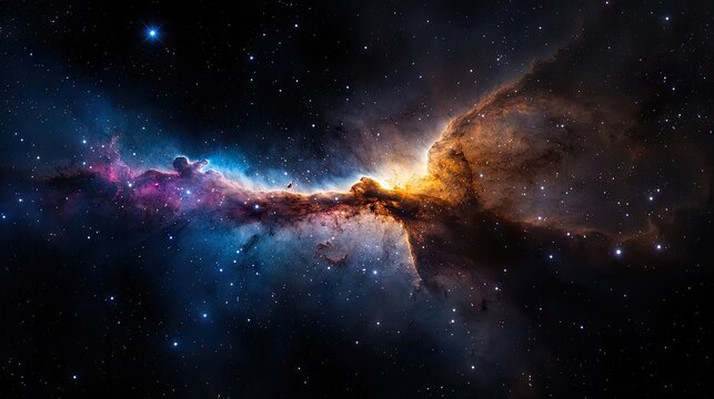 A vibrant, colorful nebula stretches across the dark expanse of space, illuminated by distant stars and glowing gas clouds in hues of blue, purple, and orange.