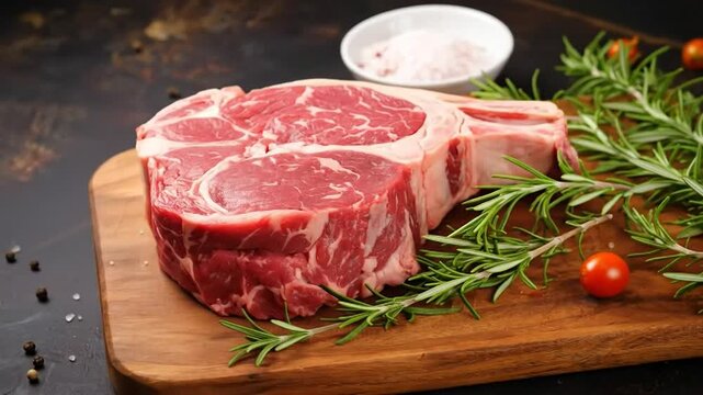Raw beef for steak with rosemary and tomatoes. Big piece of meet on wooden tray. Generative AI