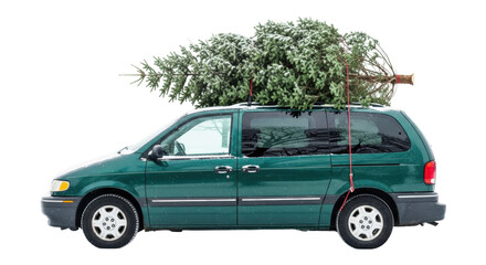A vintage green minivan with a snowy fraser fir christmas tree on its roof, parked on a suburban street with copy space. Classic holiday season concept