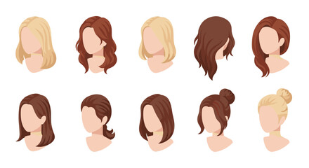 Collection of stylish female haircuts and hairstyles in flat design