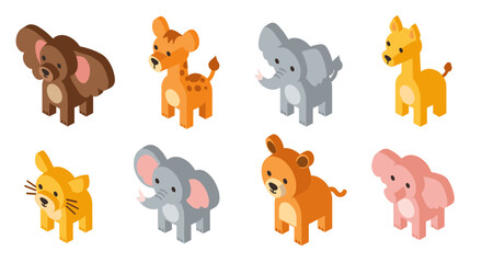 Fototapeta premium Colorful isometric cartoon animals in 3d style for children's design projects