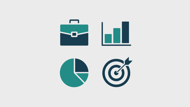 A collection of business icons including a briefcase chart pie chart and target on a white background