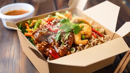 Set of delivery asian food with rice, salads, sauces and meat. Yummy takeout meals in cardboard box on table. Generative AI