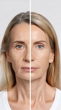 Mature female face before after skincare treatment comparison, anti aging facial wrinkles reduction, skin texture improvement dermatology procedure, cosmetic rejuvenation aging process