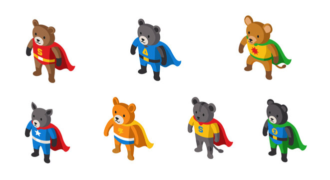 Colorful superhero bears with capes in isometric style