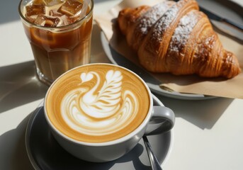 Morning coffee with swan latte art and a flaky croissant on a sunny table