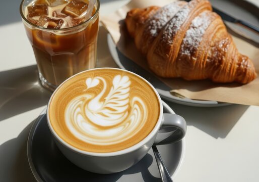 Morning coffee with swan latte art and a flaky croissant on a sunny table