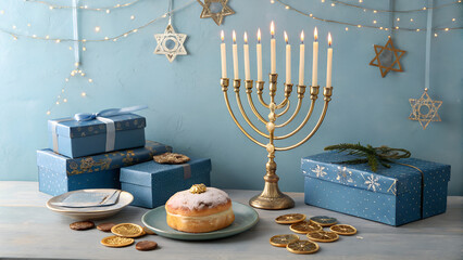 A golden menorah with lit candles sits beside blue gift boxes, a plate with a pastry, coins, and festive decor creating a warm Hanukkah mood on a blue wall See Less