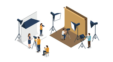 Professional photography studio setup with photographers and equipment in isometric style