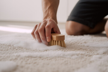 A close-up shot captures a man's hand using a wooden brush to manually clean a white shaggy rug with soap suds. The focus is on the cleaning action. Deep cleaning. Home maintenance.