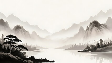 Serene Asian Ink Wash Mountain Landscape with Misty Peaks and Calm Water perfect for Website banner, book cover, wall art, spa decor, meditation background,