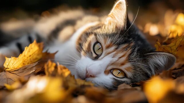 cute cat cozy lazy lay on autumn fallen leaf ground with soft sunlight 