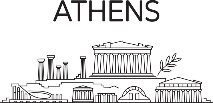 Athens skyline vector illustration with parthenon and ancient ruins landmark