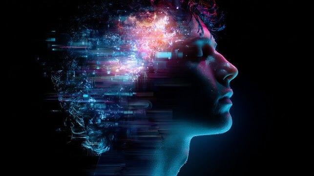 Experience the power of data and innovation with this conceptual portrait, perfect for modern technology and AI themed campaigns, showing creativity unleashed