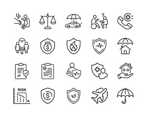 Insurance and protection line icons set illustrating diverse aspects of risk management, financial security, health, property, travel, and family coverage concept. Vector, illustration