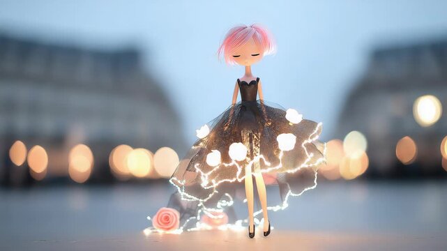 a cute girl doll in black dress at street with city bokeh light 