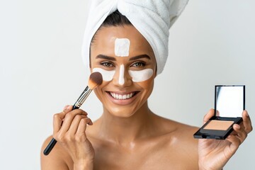Smiling Woman with Face Mask, Makeup Brush and Powder - Skincare Routine