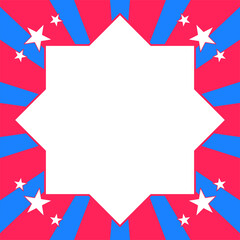 Colorful comic-style background with blue rays, red backdrop, and white stars surrounding a blank center shape, ideal for promotions, announcements, posters, or social media templates.
