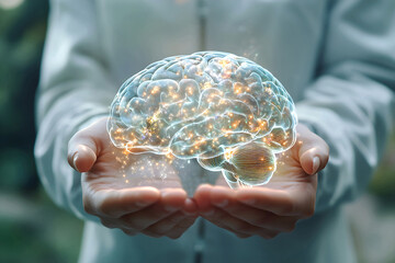 Doctor, neurologist is holding three-dimensional brain hologram with glowing neurons, digital brain model, scan in the hands. Medical technology, neurology, science research, mental health care.