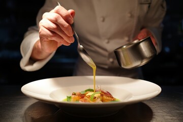 Chef Plating a Gourmet Dish with Sauce - Culinary Art and Fine Dining