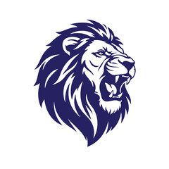 Powerful and majestic dark blue lion head roaring with an open mouth, showcasing sharp teeth and a flowing mane, symbolizing strength, courage, and leadership, isolated on
