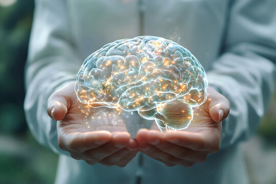 Doctor, neurologist is holding three-dimensional brain hologram with glowing neurons, digital brain model, scan in the hands. Medical technology, neurology, science research, mental health care.