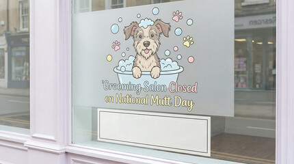 Cartoon dog in bathtub sign on shop window grooming salon, dog, cartoon, bathtub, grooming salon, closed, sign, window, pet, animal, cute, bubbles, paw print, happy, illustration, text, announcement, 