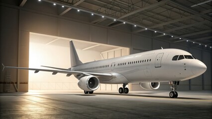 Large passenger aircraft in a hangar with bright interior light