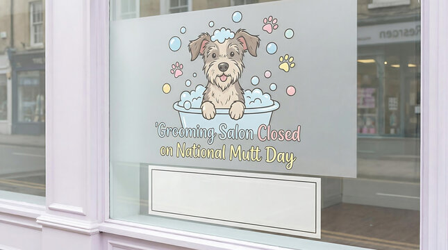 Cartoon dog in bathtub sign on shop window grooming salon, dog, cartoon, bathtub, grooming salon, closed, sign, window, pet, animal, cute, bubbles, paw print, happy, illustration, text, announcement, 