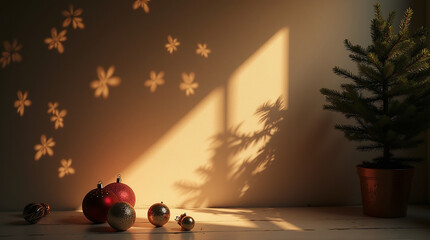 Christmas Ornaments and a Small Pine Tree Illuminated by Sunlight Casting Floral Pattern Shadows on a Warm Wall: Holiday Still Life