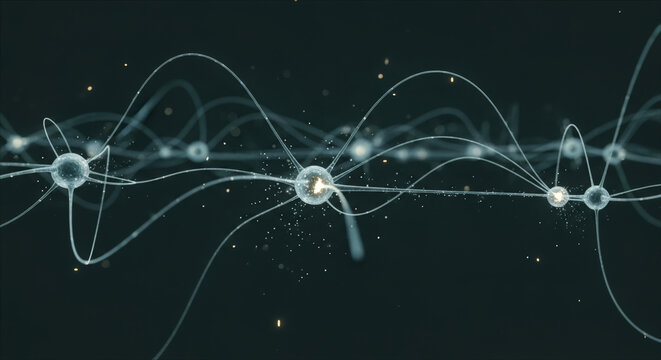 A series of glowing spheres are shown in a black background