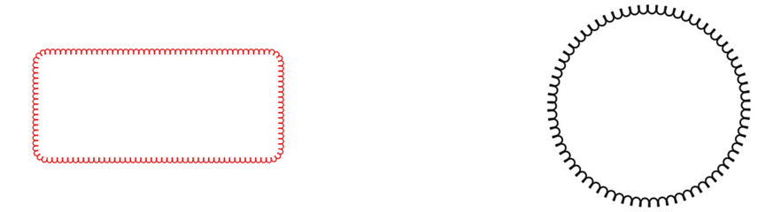 Abstract illustration featuring a red rounded rectangular frame with a wavy border and a black circular frame with a wavy border, simple graphic elements