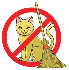 Prohibition Sign Cat and Broom Cartoon Design No Cats Allowed Hygiene Symbol