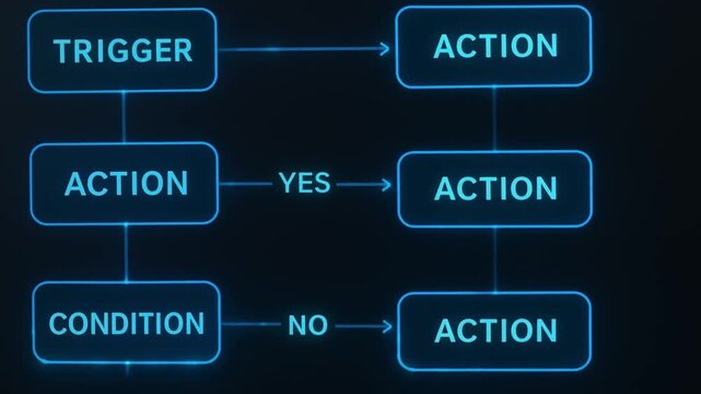 marketing automation workflow performance concept. Flowchart illustrating decision-making processes and actions.